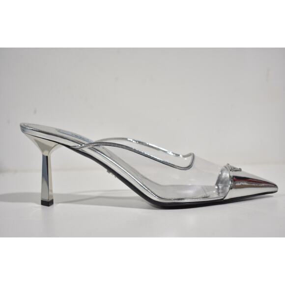 Prada Modellerie Clear PVC Silver Backless Pointed Sandal Mule Heel Pump 37.5 - Picture 2 of 12